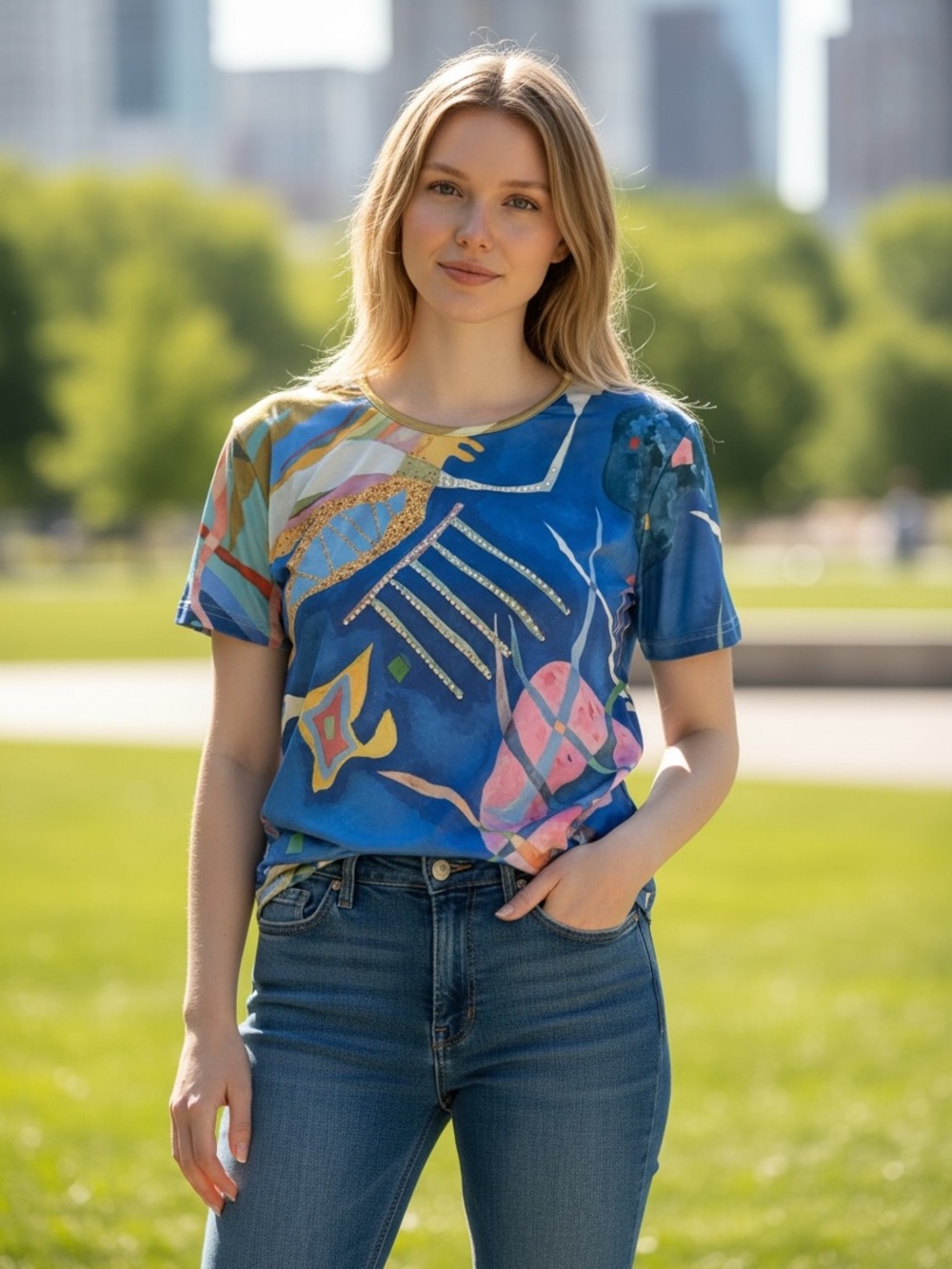 Women's Blue Abstract Short Sleeve Tee by Esprit - Picture 6 of 7